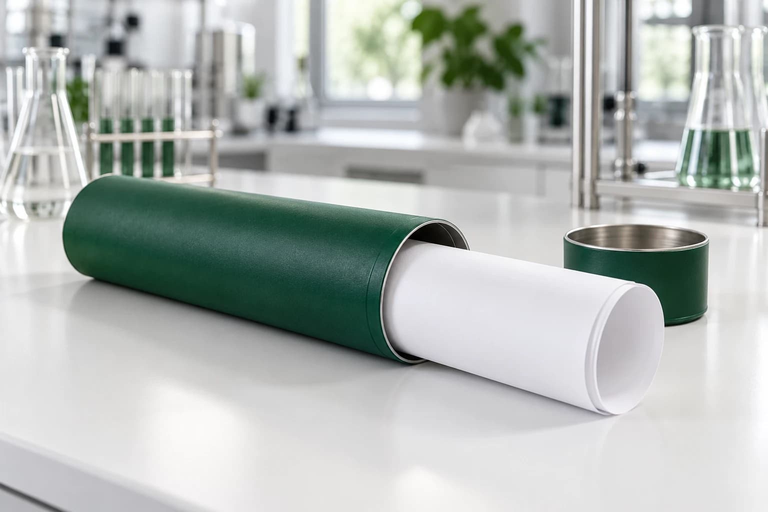 A deep-green document tube lying open on a white lab bench, a blank rolled sheet drawn halfway out and its lid beside it.