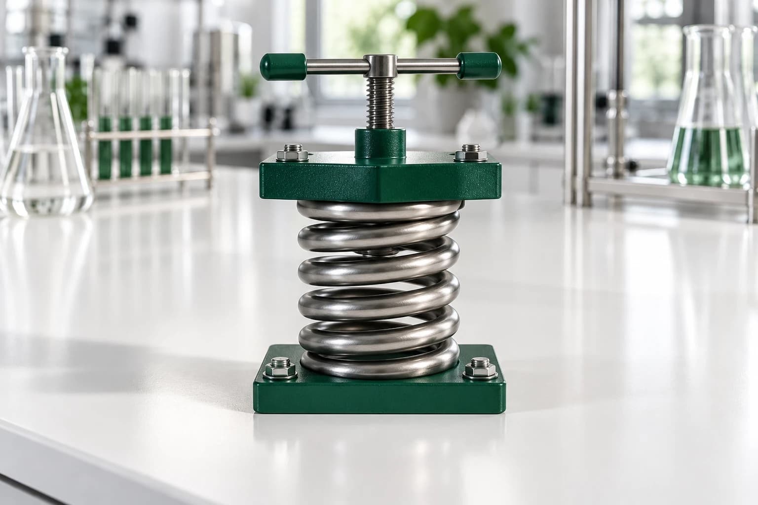 A steel coil spring held compressed by a deep-green screw clamp on a white lab bench.