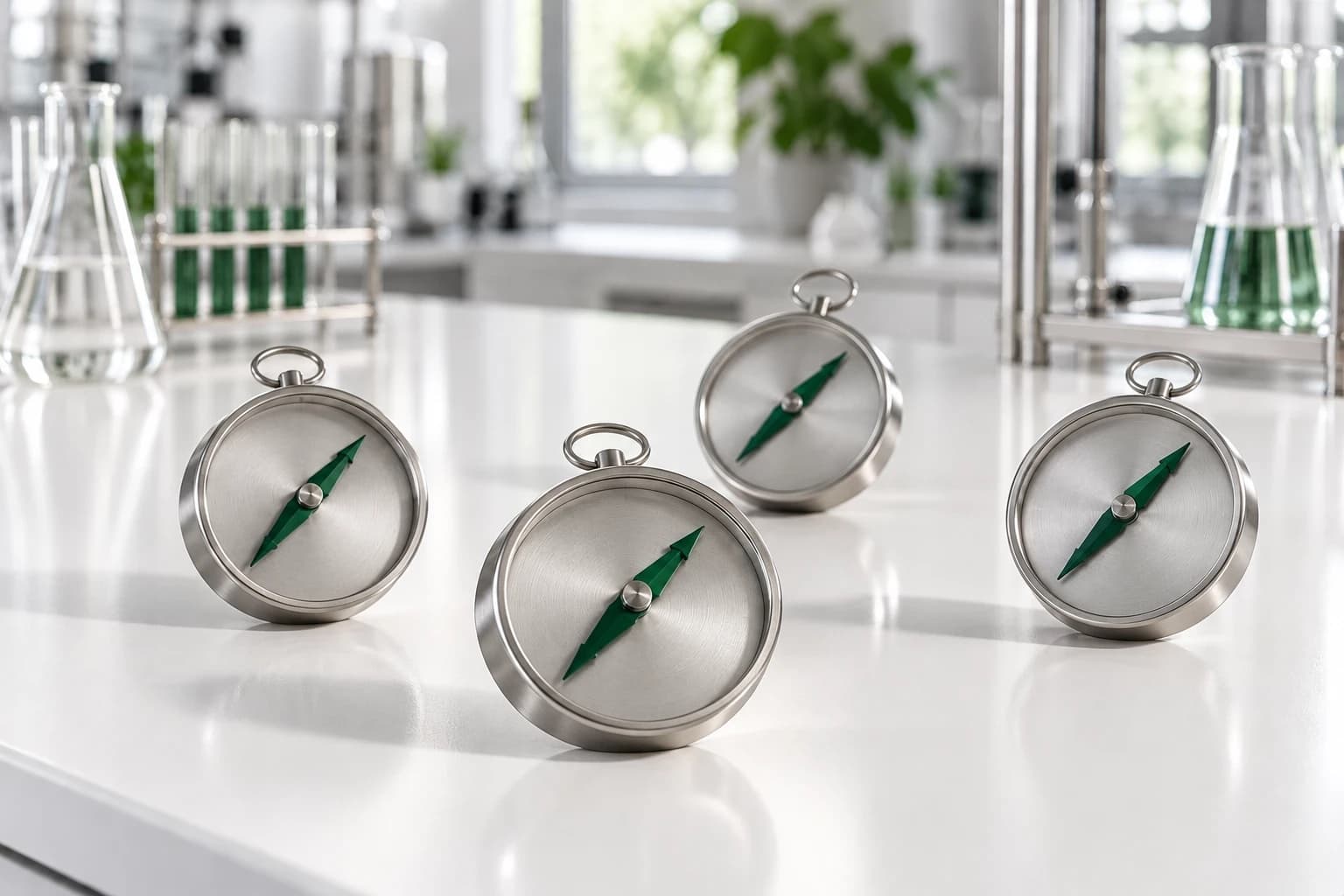 Four brushed-steel compasses spread across a white lab bench, their deep-green needles all pointing the same way.