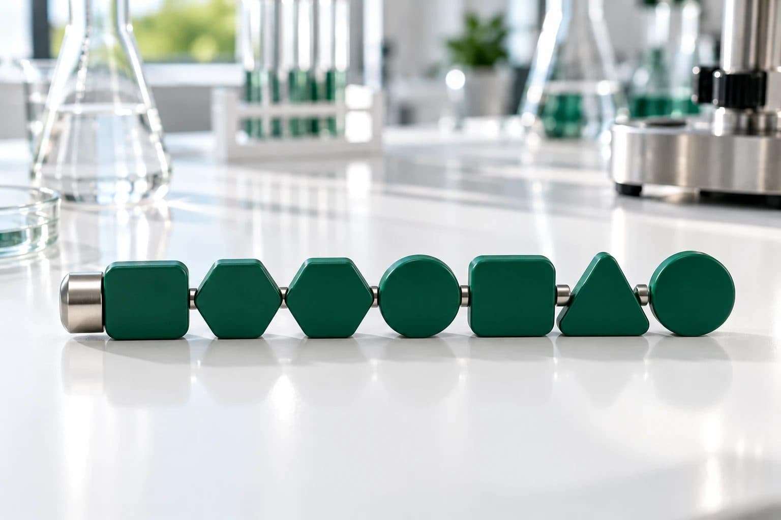A row of seven deep green tiles in different shapes, square, hexagon, hexagon, circle, square, triangle and circle, joined by short steel pins and capped on the left end by a small brushed-steel cap, on a white lab bench with glassware blurred behind.