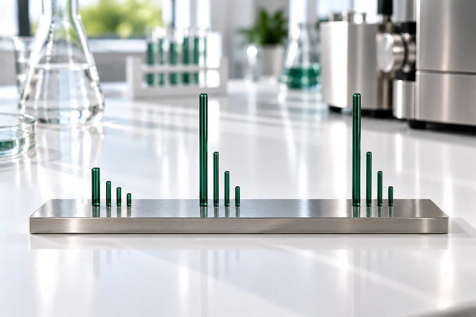 Slender deep green glass rods stand in three groups on a brushed-steel plate on a white lab bench, like the peaks of a spectrum. Each group has one tall rod followed by three shorter ones, and the left group's tall rod is about a third as tall as the other two. Glass flasks, test tubes and a steel instrument are blurred behind.