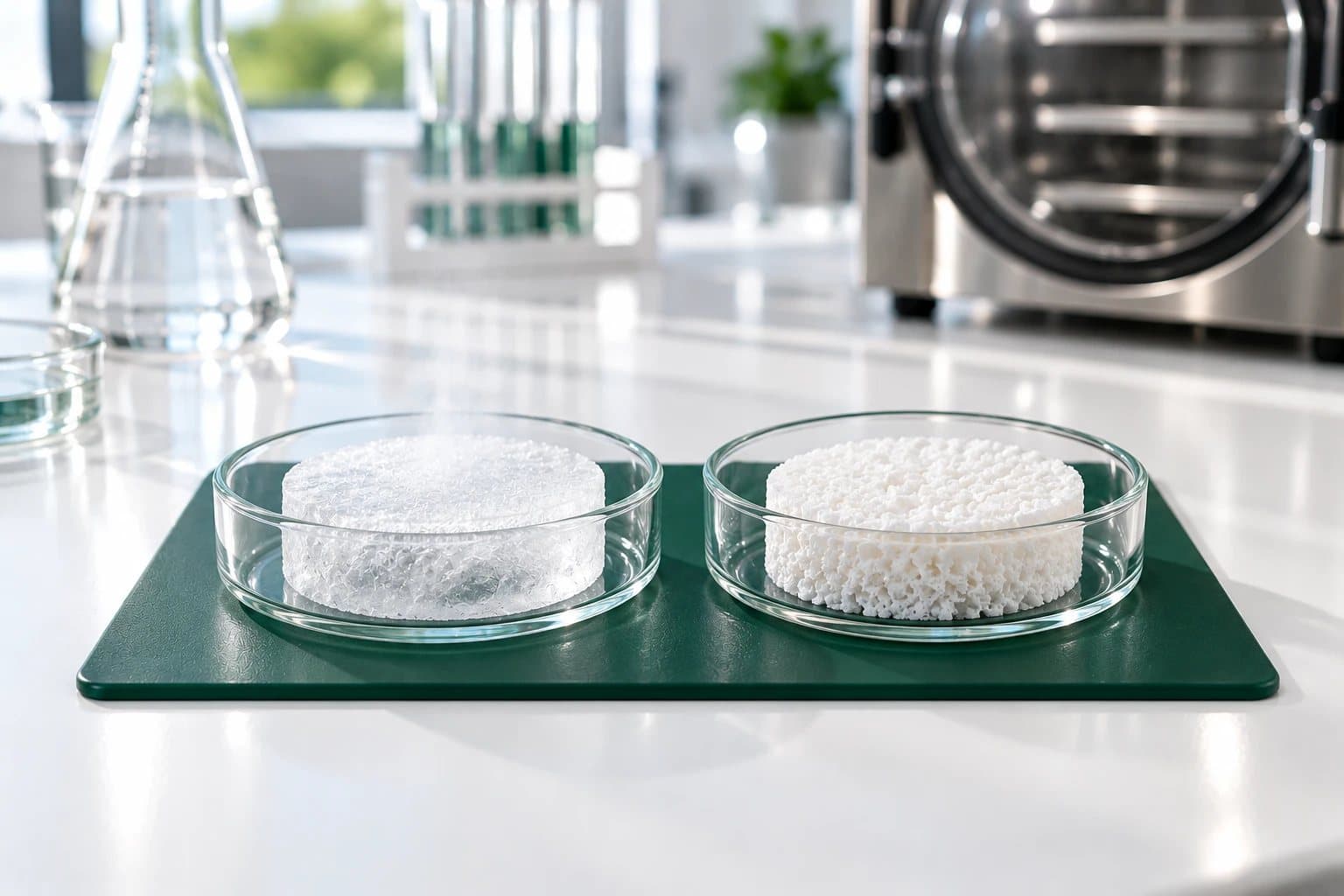 Two identical shallow glass dishes on a deep green mat on a white lab bench. The left holds a frosted disk of ice with a faint wisp of vapor rising from it; the right holds a disk of the same size, now dry, white and porous. A steel freeze-dryer with a round glass door and lab glassware are blurred behind.