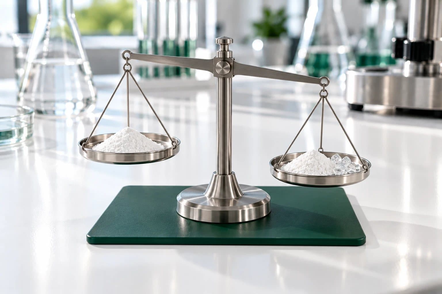 A brushed-steel two-pan balance on a deep green mat on a white lab bench. Both pans hold a small heap of white powder; the right pan also holds a few clear crystals and sits lower. Lab glassware is blurred behind.