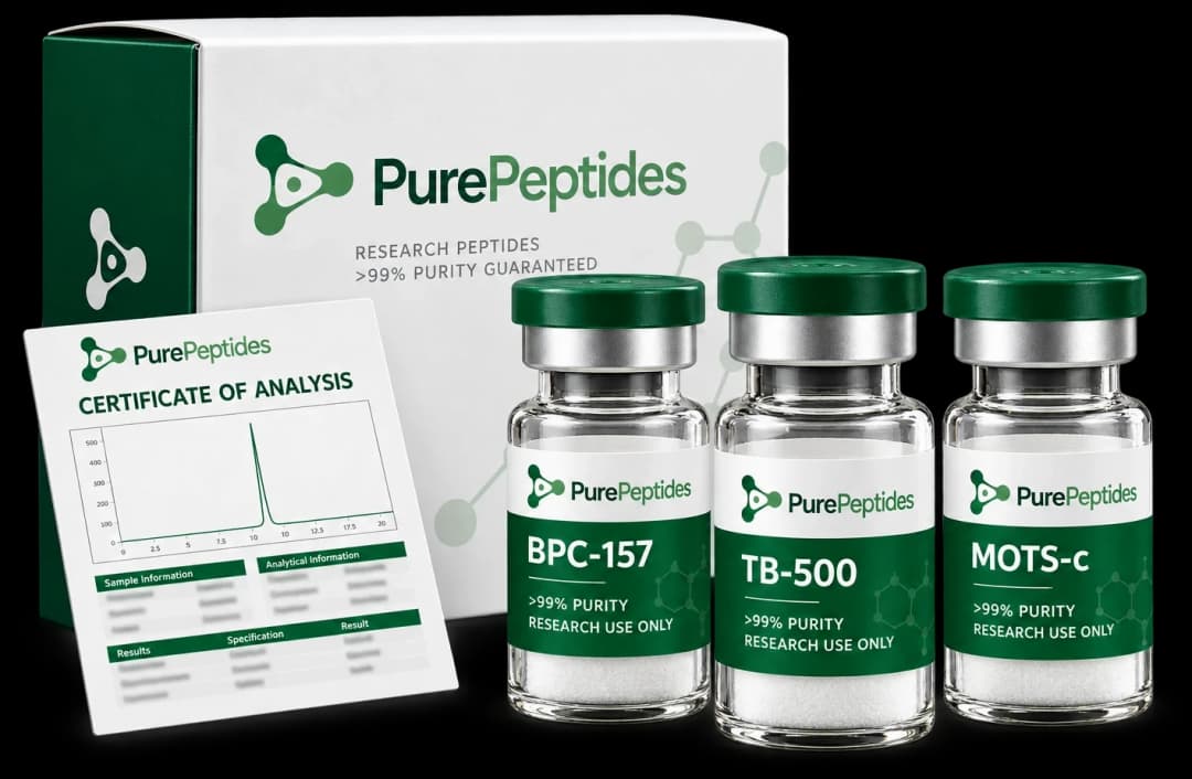 Pure Peptides box with BPC-157, TB-500 and MOTS-c research vials and a certificate of analysis