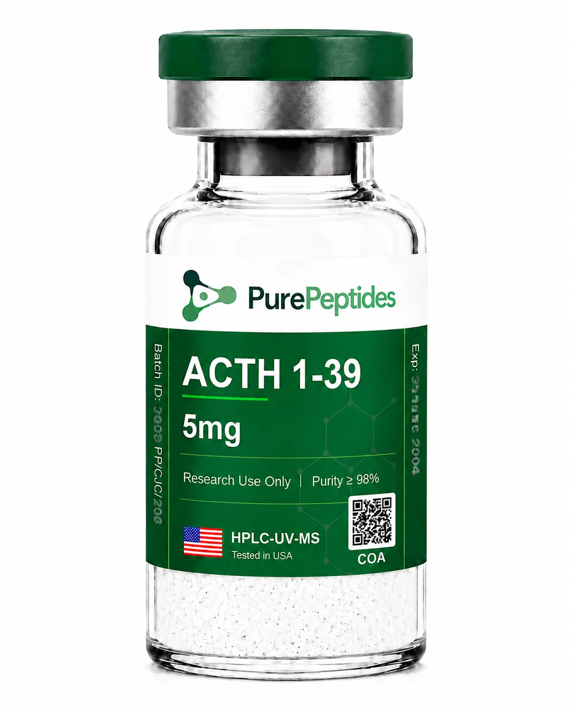 ACTH 1-39 research peptide, ≥98% purity by HPLC, CAS 9002-60-2, lyophilized powder for in-vitro laboratory research, Pure Peptides