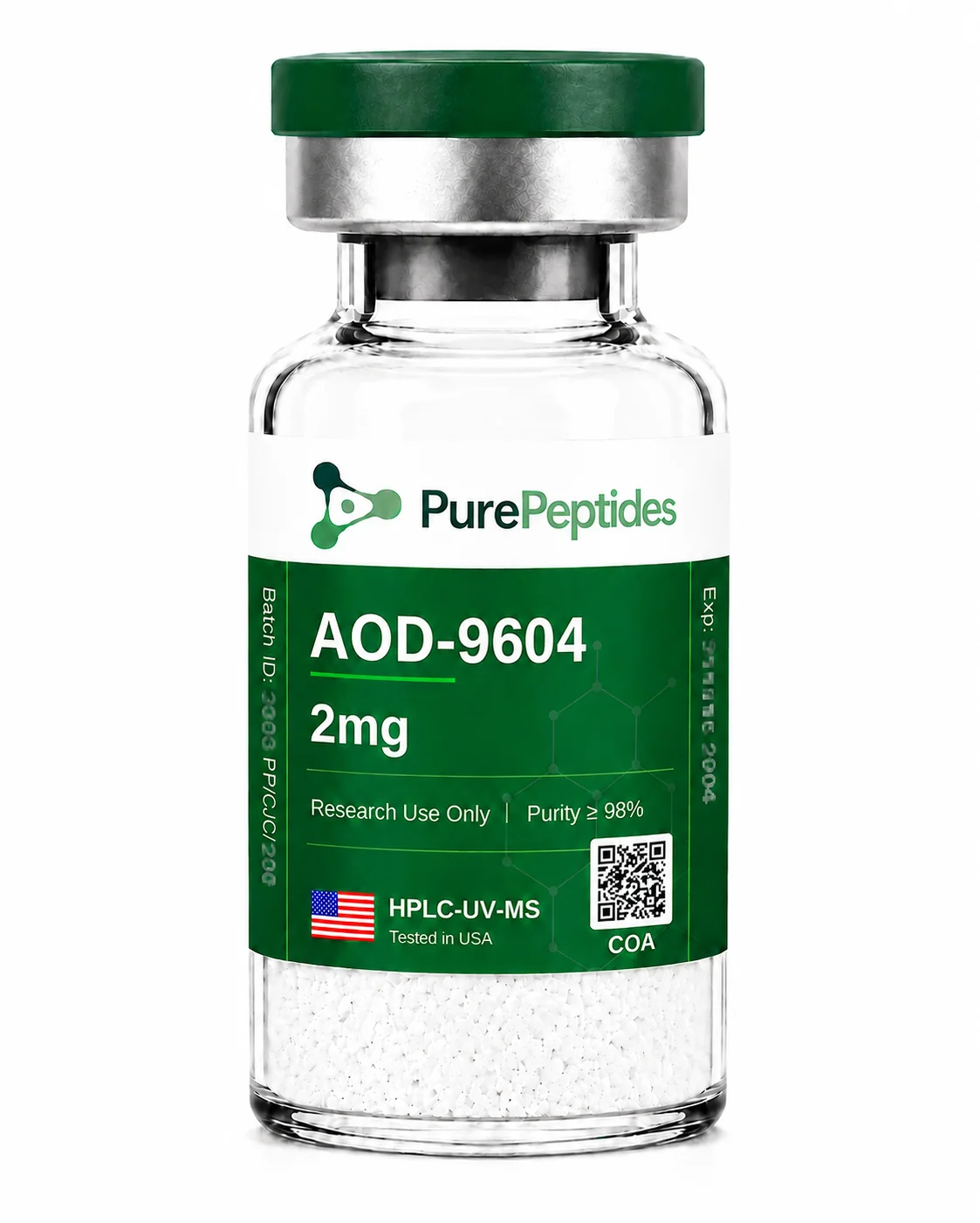 AOD-9604 research peptide, ≥98% purity by HPLC, CAS 221231-10-3, lyophilized powder for in-vitro laboratory research, Pure Peptides