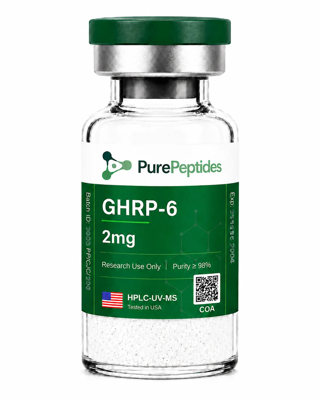 GHRP-6 research peptide — ≥98% purity by HPLC — CAS 87616-84-0 — lyophilized powder for in-vitro laboratory research — Pure Peptides