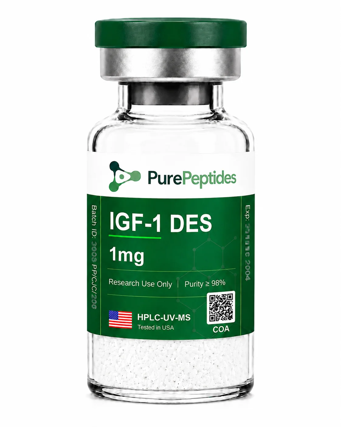 IGF-1 DES research protein, ≥98% purity by HPLC, CAS 112603-35-7, lyophilized powder for in-vitro laboratory research, Pure Peptides