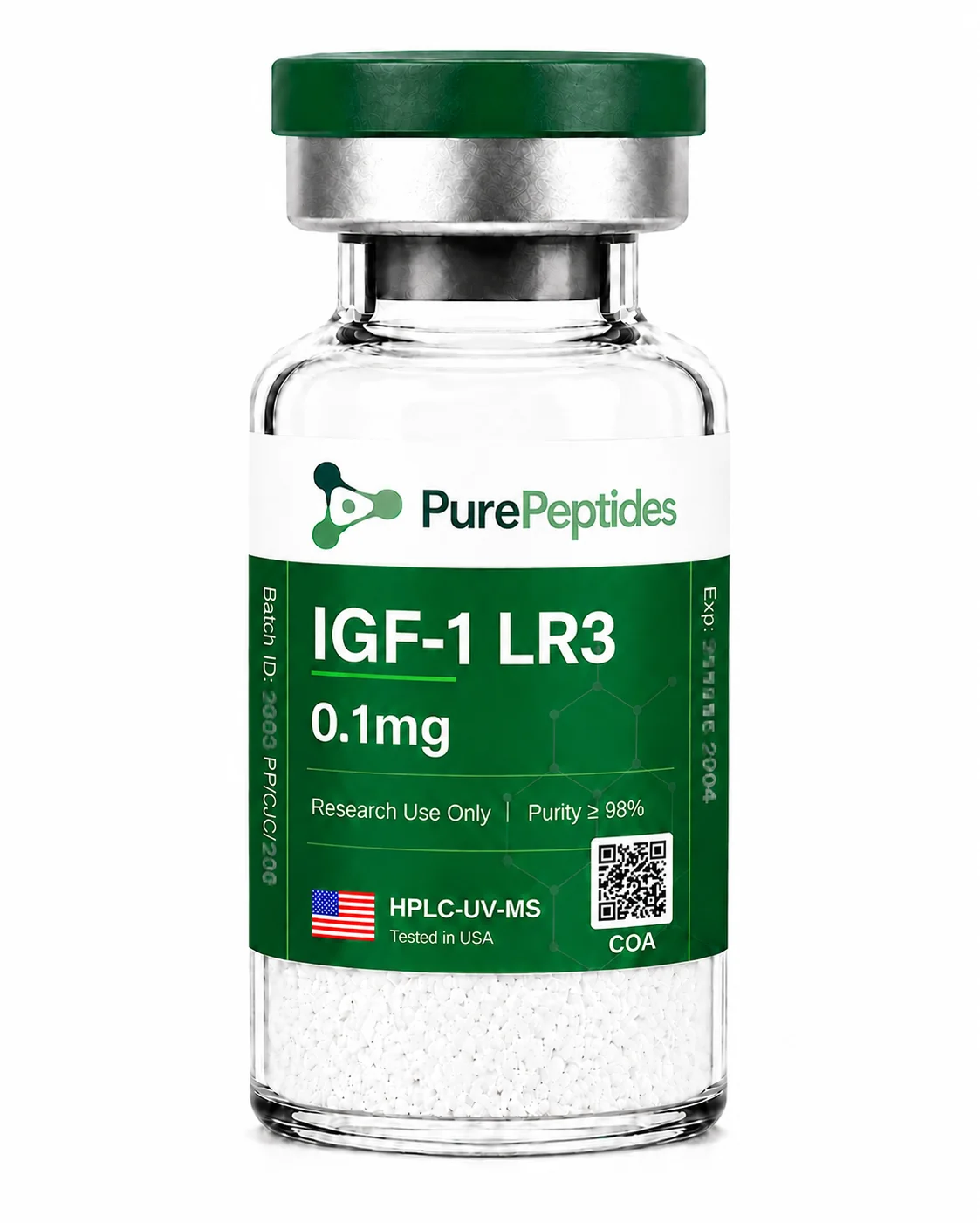 IGF-1 LR3 research protein, ≥98% purity by HPLC, CAS 946870-92-4, lyophilized powder for in-vitro laboratory research, Pure Peptides