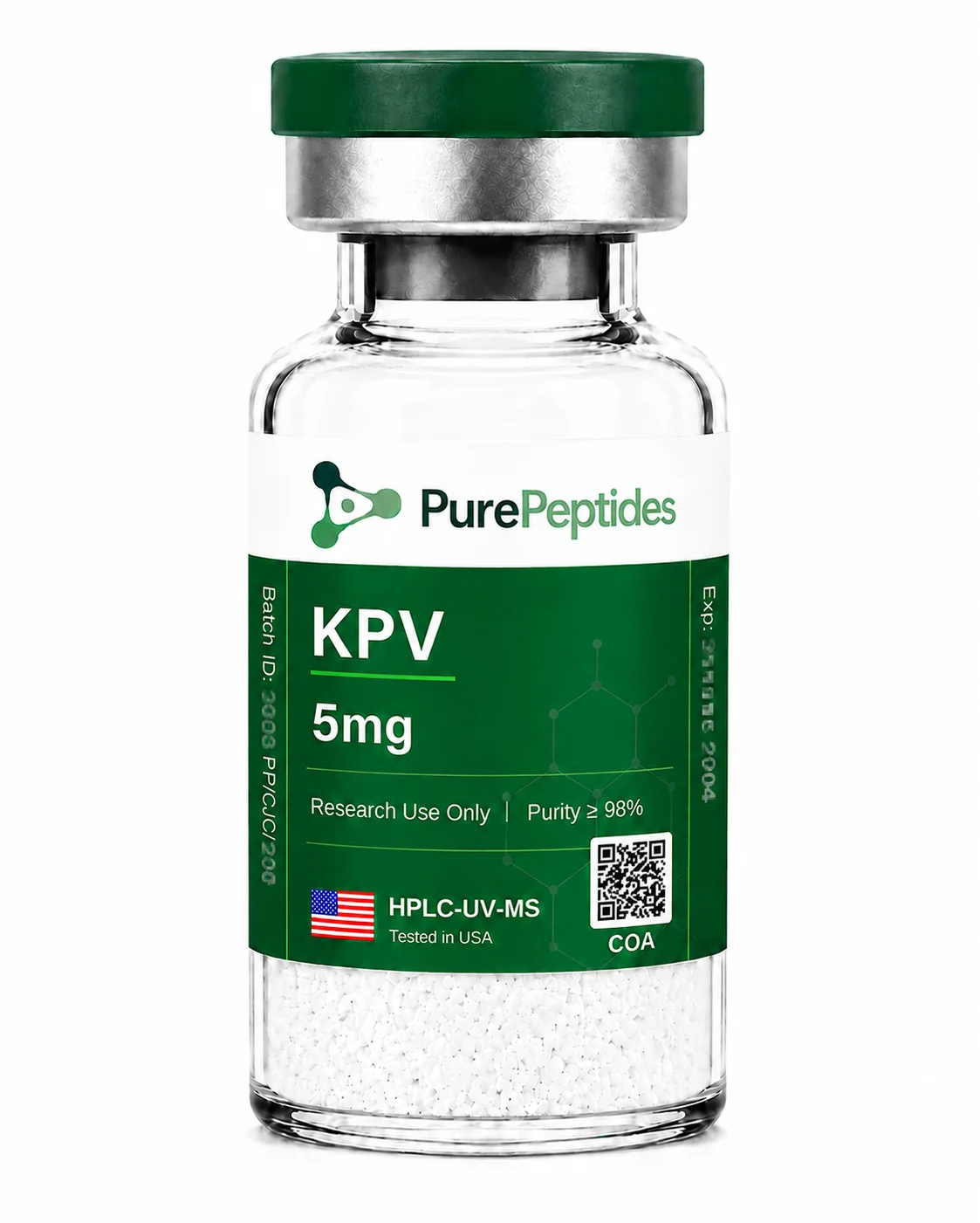 KPV research peptide, ≥98% purity by HPLC, CAS 67727-97-3, lyophilized powder for in-vitro laboratory research, Pure Peptides