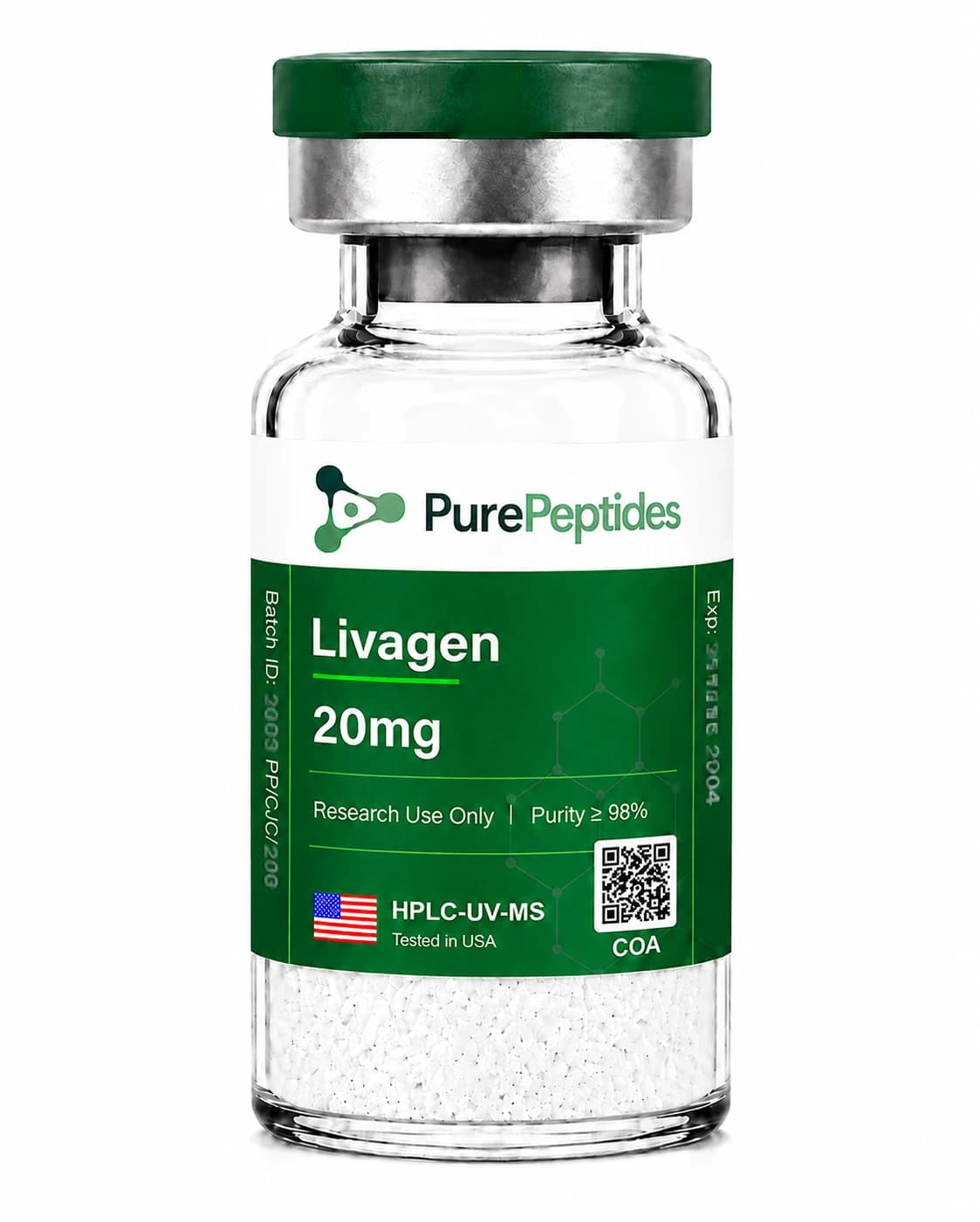 Livagen research peptide, ≥98% purity by HPLC, CAS N/A (pending), lyophilized powder for in-vitro laboratory research, Pure Peptides