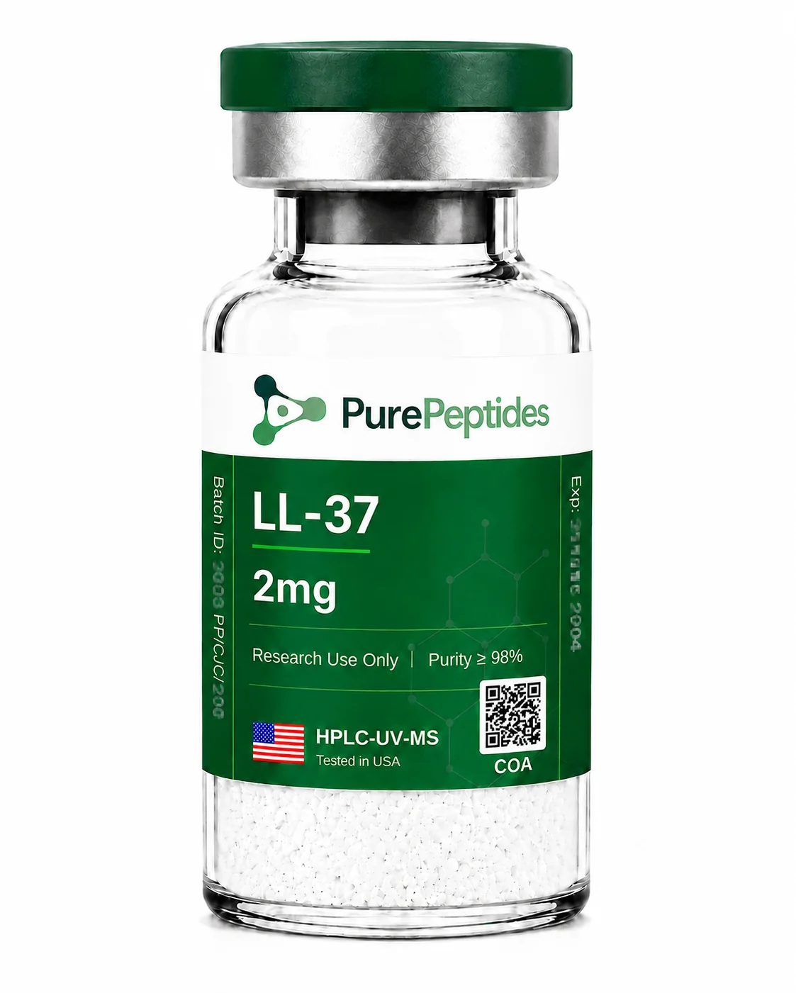 LL-37 research peptide, ≥98% purity by HPLC, CAS 154947-66-7, lyophilized powder for in-vitro laboratory research, Pure Peptides