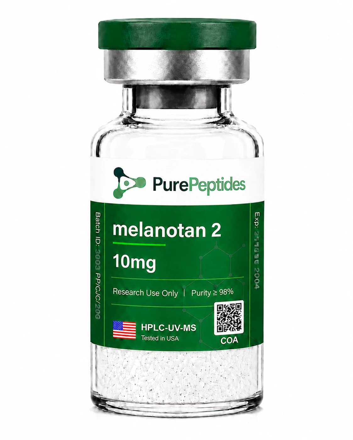 Melanotan II research peptide, ≥98% purity by HPLC, CAS 121062-08-6, also known as MT-2, MT-II, lyophilized powder for in-vitro laboratory research, Pure Peptides