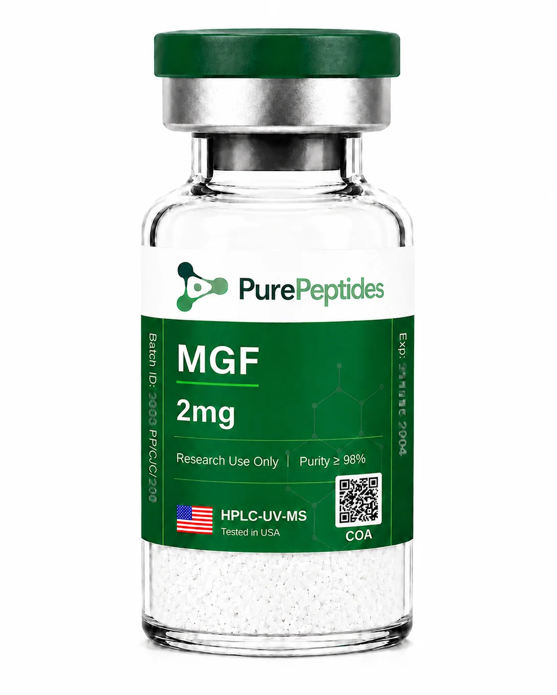 MGF (Mechano Growth Factor) research peptide, ≥98% purity by HPLC, CAS 162809-23-6, lyophilized powder for in-vitro laboratory research, Pure Peptides