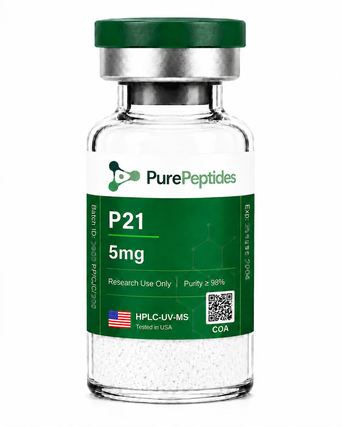 P21 (P021) research peptide, ≥98% purity by HPLC, CAS 1246751-68-7, lyophilized powder for in-vitro laboratory research, Pure Peptides