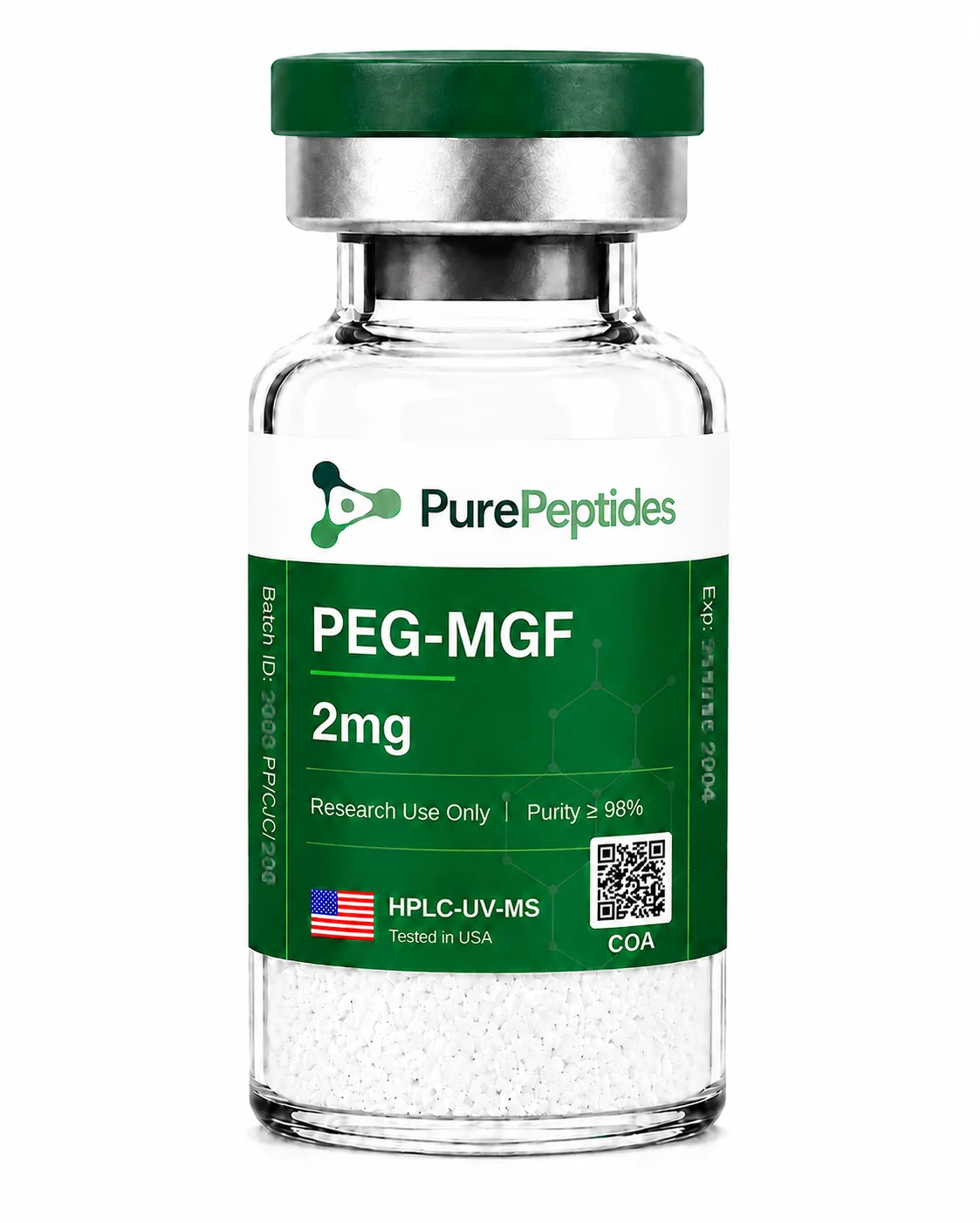 PEG-MGF research peptide, ≥98% purity by HPLC, CAS N/A (PEGylated conjugate), lyophilized powder for in-vitro laboratory research, Pure Peptides
