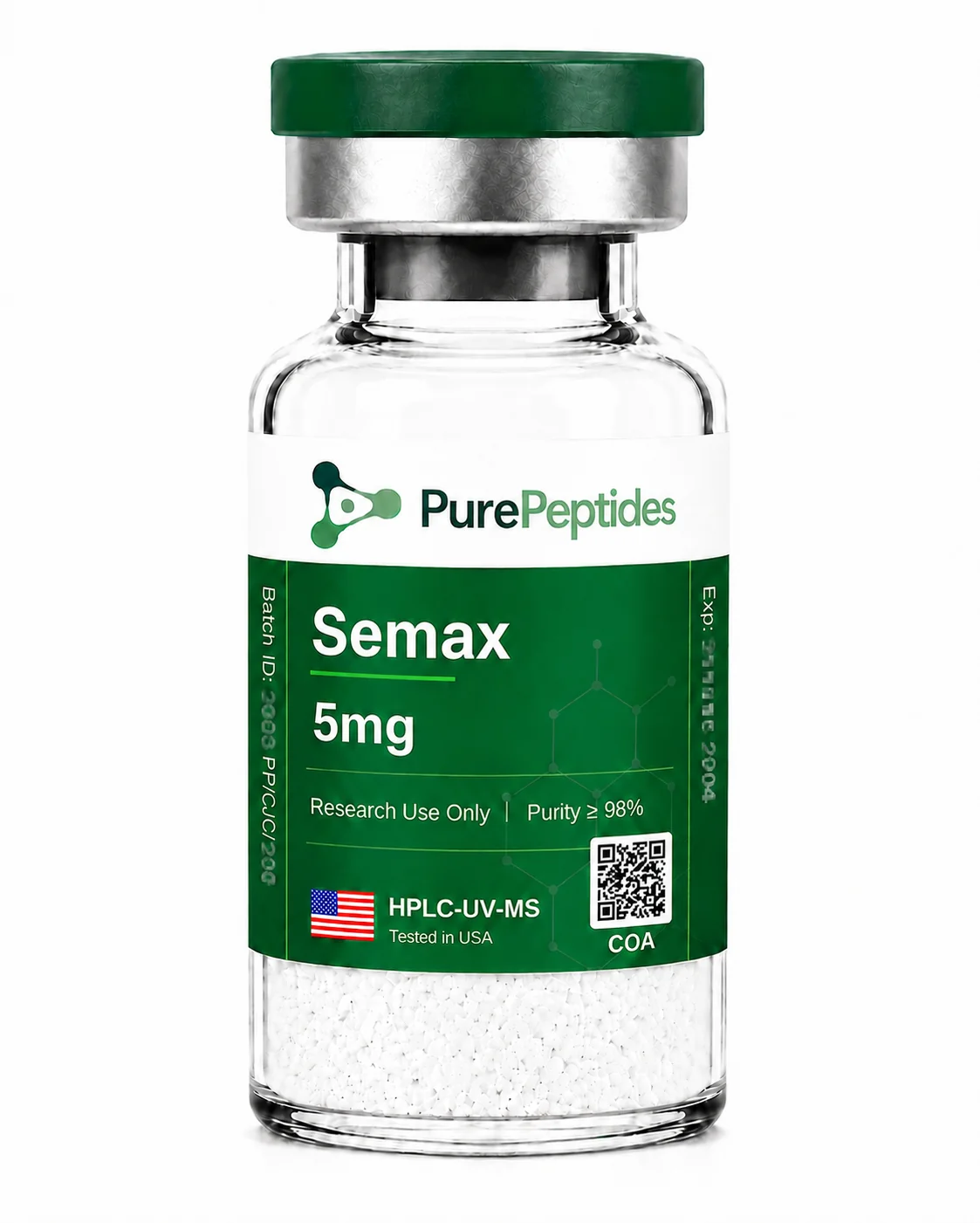 Semax research peptide, ≥98% purity by HPLC, CAS 80714-61-0, lyophilized powder for in-vitro laboratory research, Pure Peptides