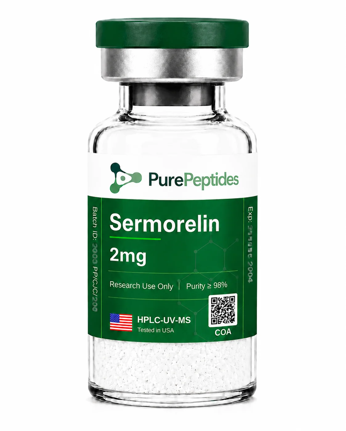 Sermorelin research peptide, ≥98% purity by HPLC, CAS 86168-78-7, lyophilized powder for in-vitro laboratory research, Pure Peptides
