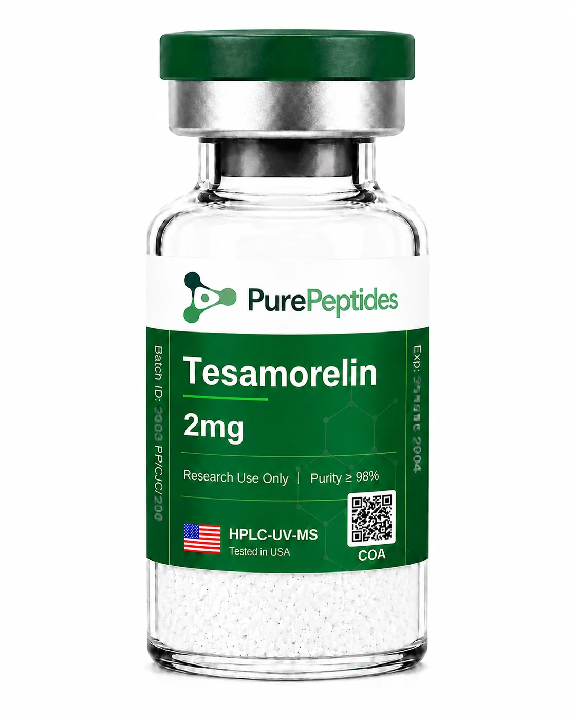 Tesamorelin research peptide, ≥98% purity by HPLC, CAS 218949-48-5, lyophilized powder for in-vitro laboratory research, Pure Peptides