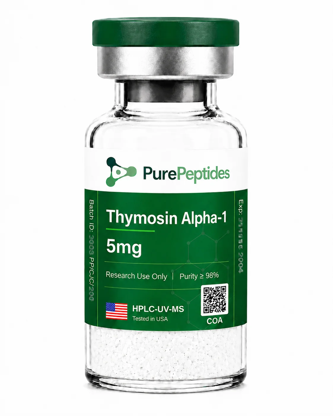 Thymosin Alpha-1 research peptide, ≥98% purity by HPLC, CAS 62304-98-7, lyophilized powder for in-vitro laboratory research, Pure Peptides