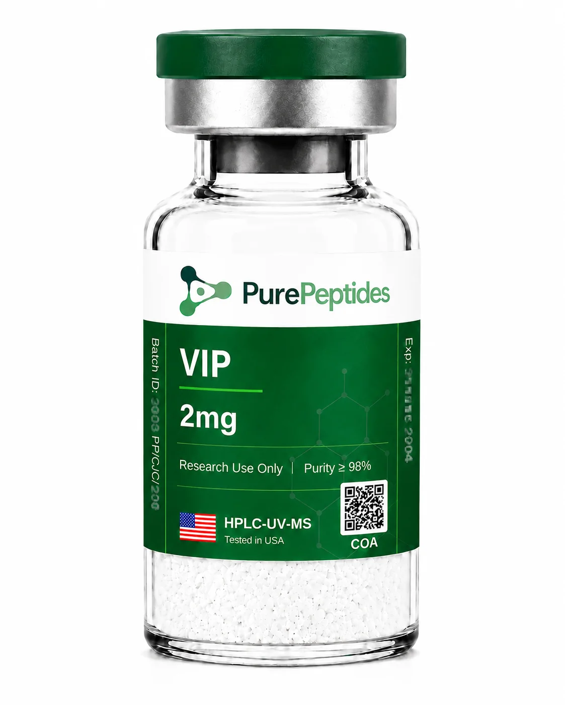 VIP (Vasoactive Intestinal Peptide) research peptide — ≥98% purity by HPLC — CAS 37221-79-7 — lyophilized powder for in-vitro laboratory research — Pure Peptides