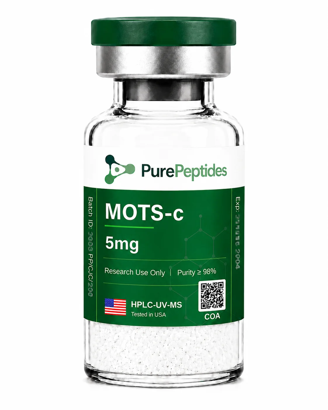 MOTS-c research peptide, >99% purity by HPLC, CAS 1627580-64-6, lyophilized powder for in-vitro laboratory research, Pure Peptides